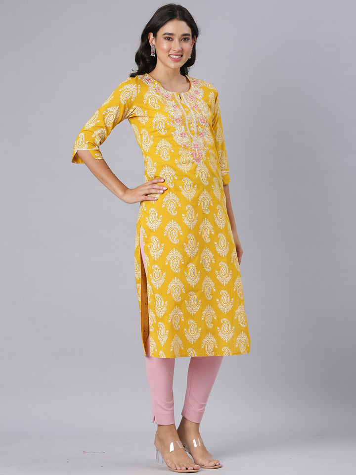 Neerus Mustard Straight Casual Paisley Kurtas