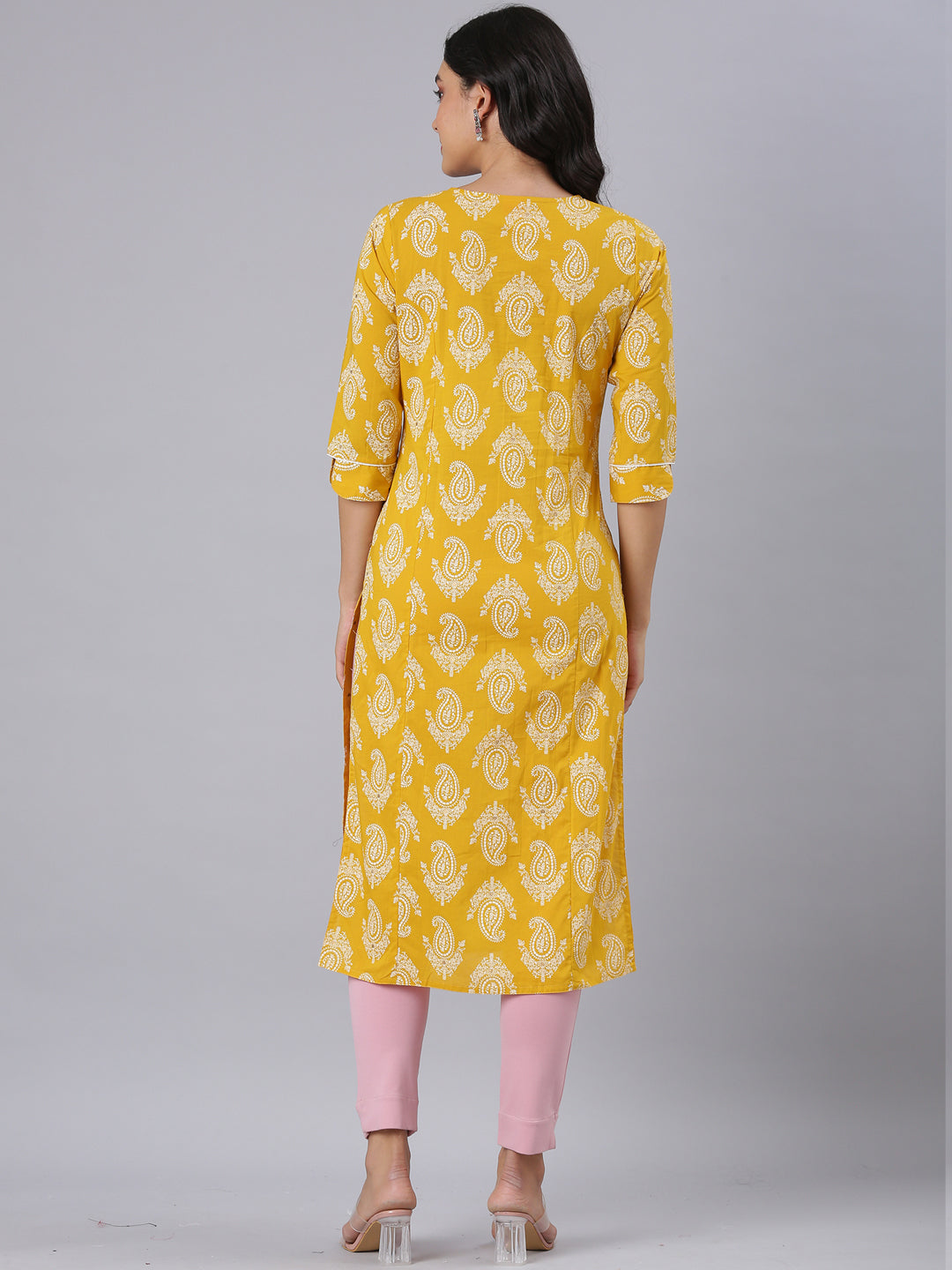 Neerus Mustard Straight Casual Paisley Kurtas