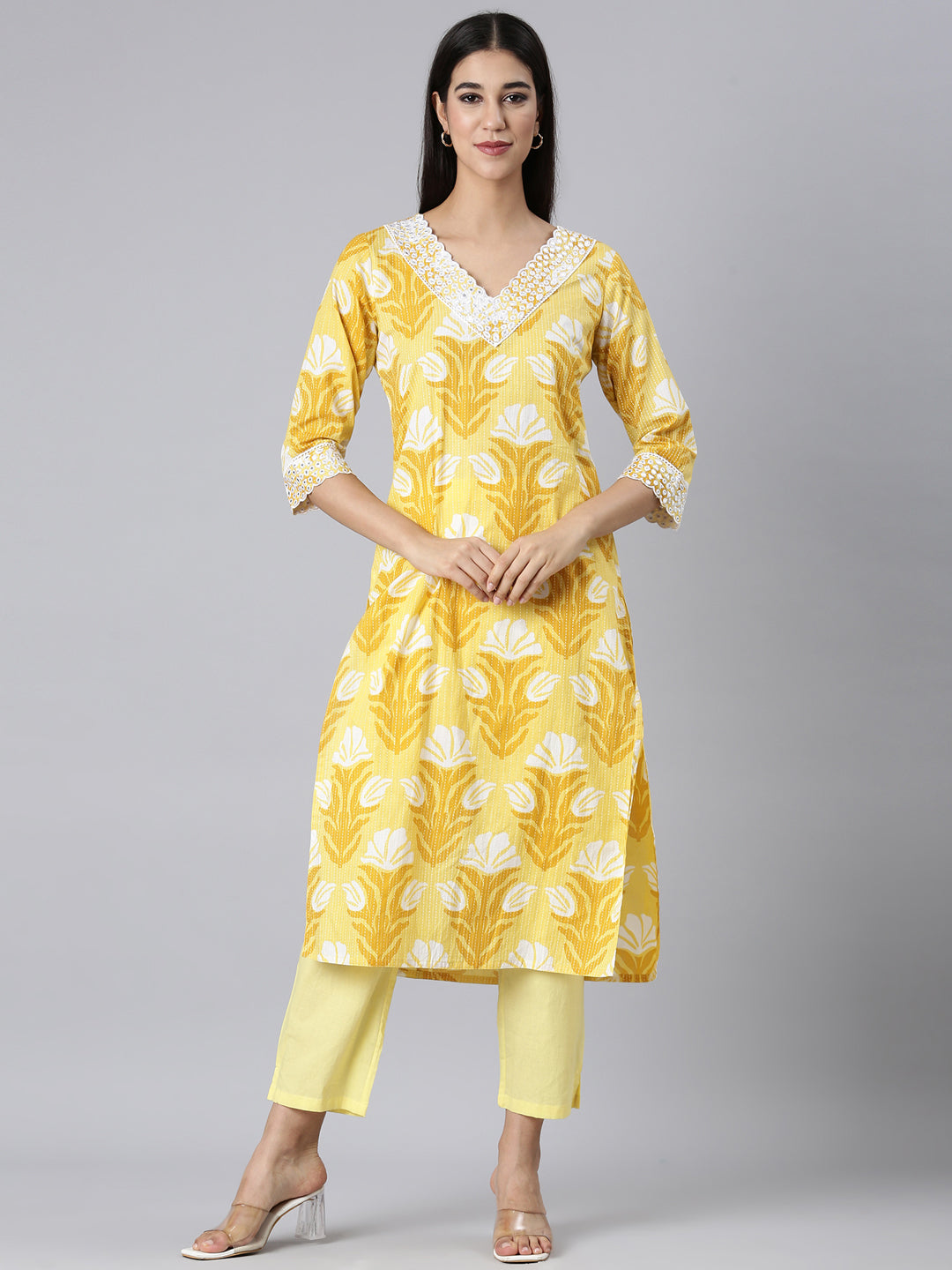 Neerus Mustard Casual Floral Straight Kurtas