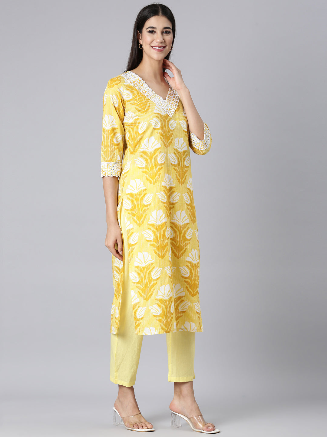 Neerus Mustard Casual Floral Straight Kurtas