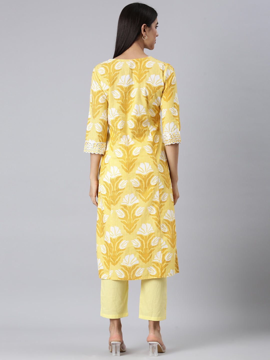 Neerus Mustard Casual Floral Straight Kurtas