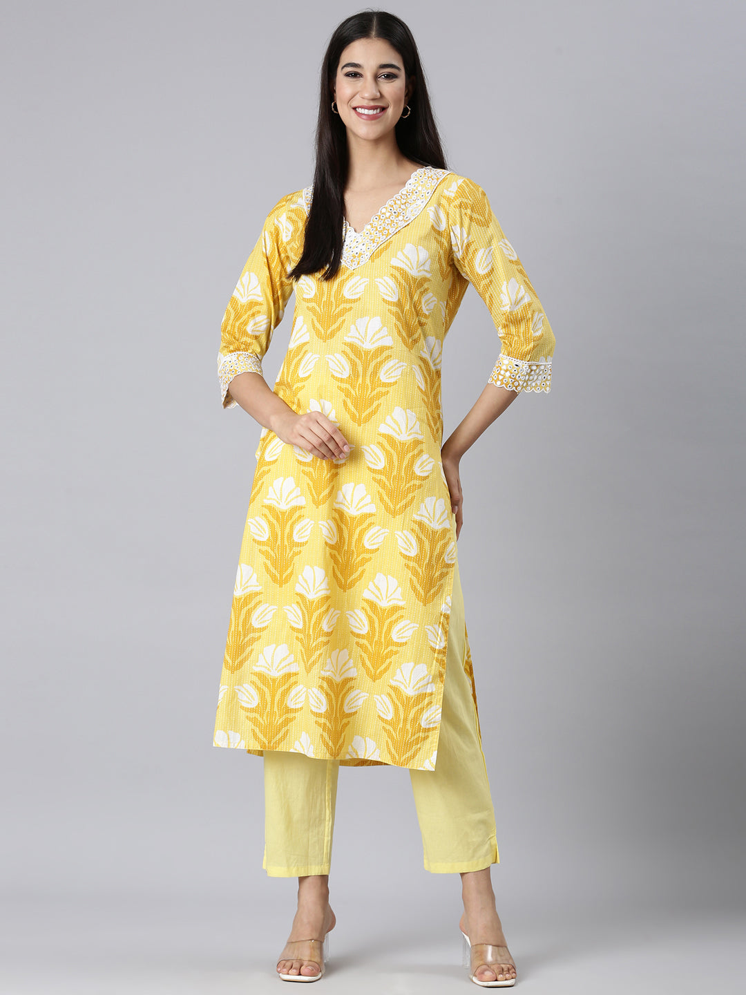 Neerus Mustard Casual Floral Straight Kurtas