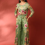 Green floral printed hand embroidered three piece jacket set