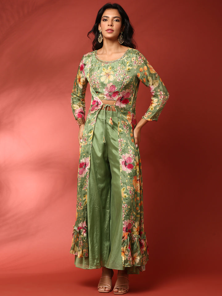 Green floral printed hand embroidered three piece jacket set