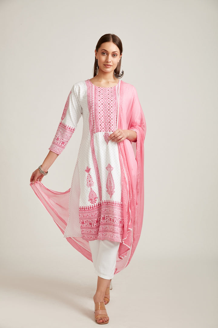 Neerus White printed ethnic suit set with dupatta - front view