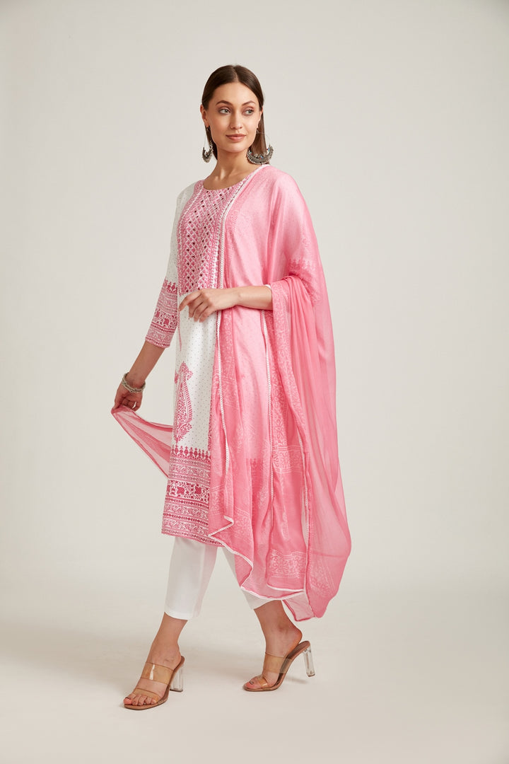 Neerus White printed ethnic suit set with dupatta - detail view 2