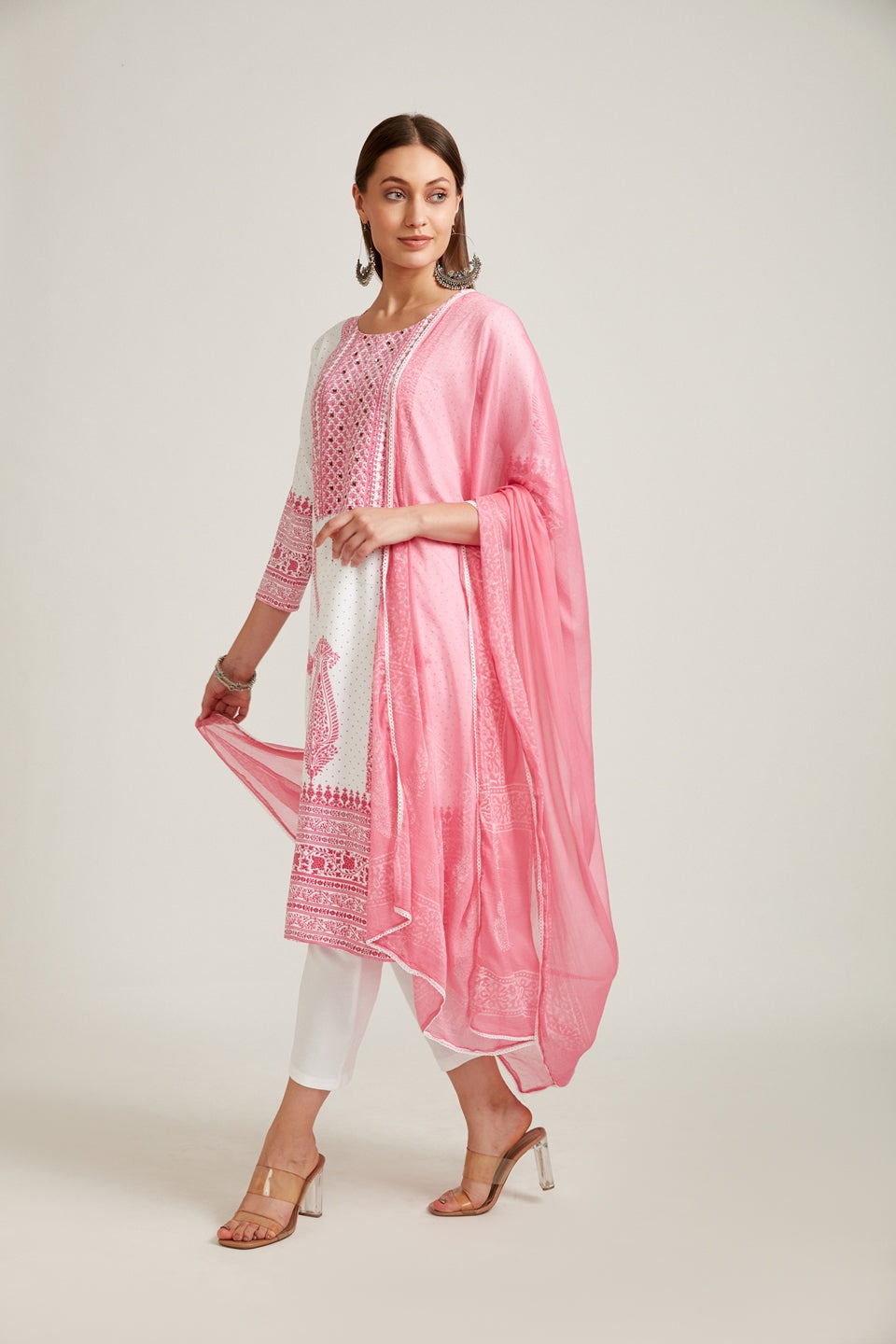 Neerus Women White Ethnic Motifs Printed Kurta with Trousers With Dupatta