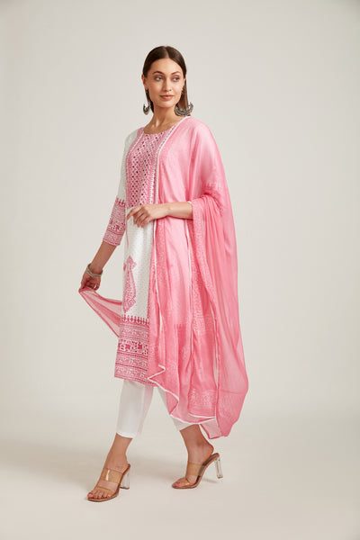 Neerus Women White Ethnic Motifs Printed Kurta with Trousers With Dupatta