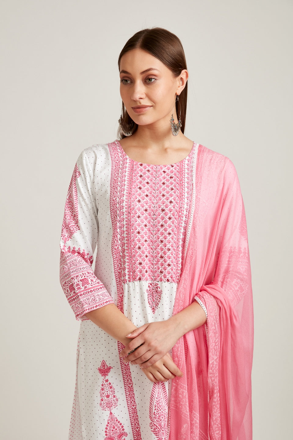 Neerus White printed ethnic suit set with dupatta - detail view 1