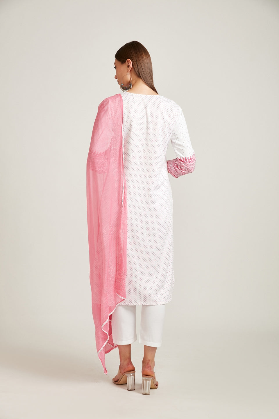 Neerus White printed ethnic suit set with dupatta - side view
