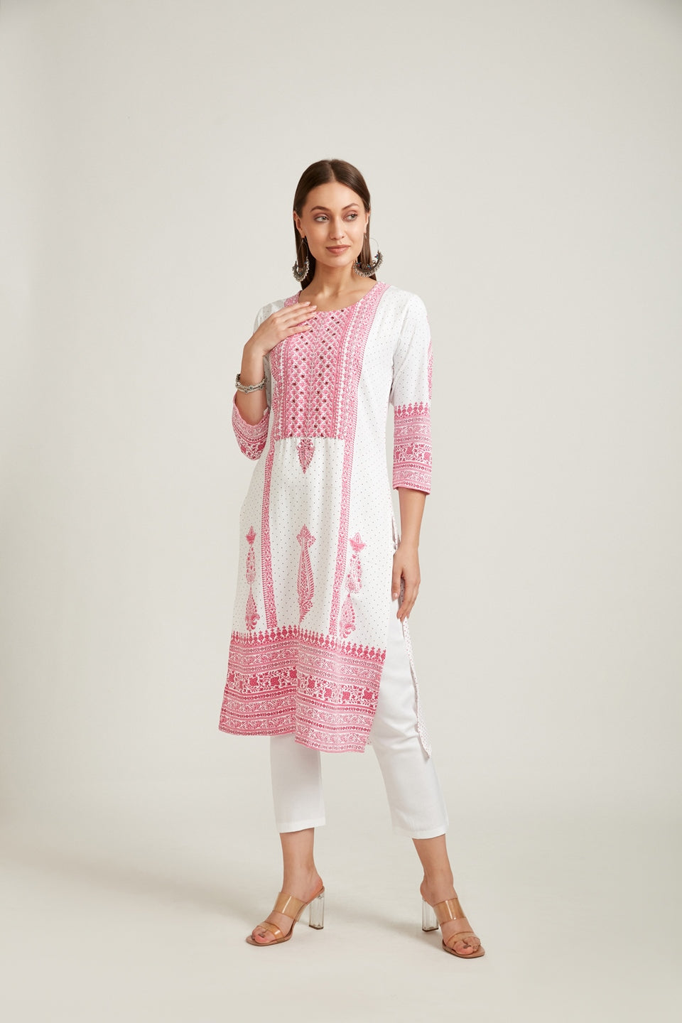 Neerus Women White Ethnic Motifs Printed Kurta with Trousers With Dupatta