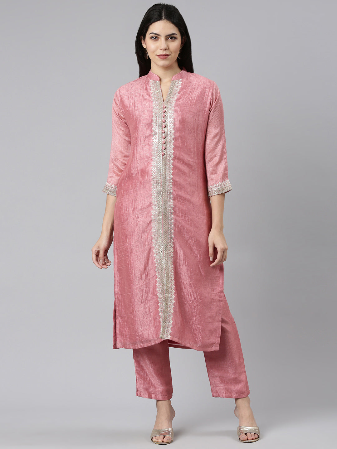 Neerus Pink solid straight kurta set with trousers - front view