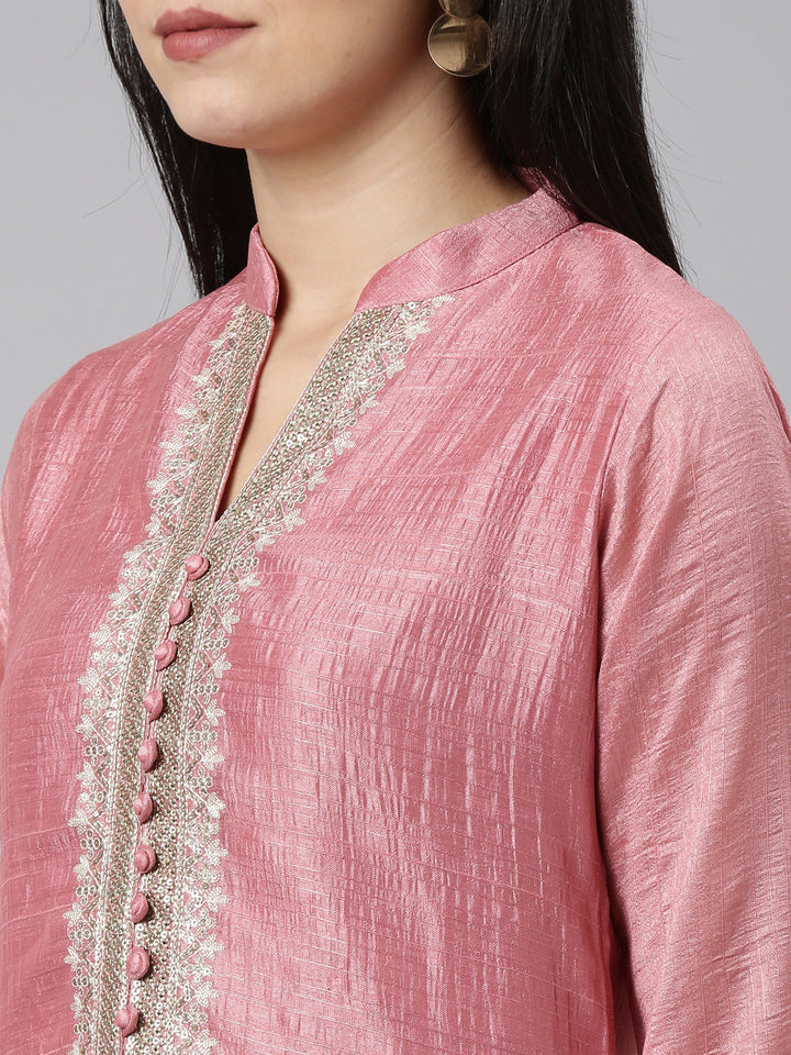 Neerus Pink solid straight kurta set with trousers - detail view 1