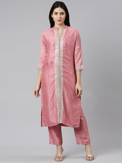 Neeru's Pink Regular Straight Solid Kurta And Trousers
