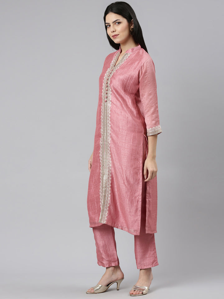Neerus Pink solid straight kurta set with trousers - back view