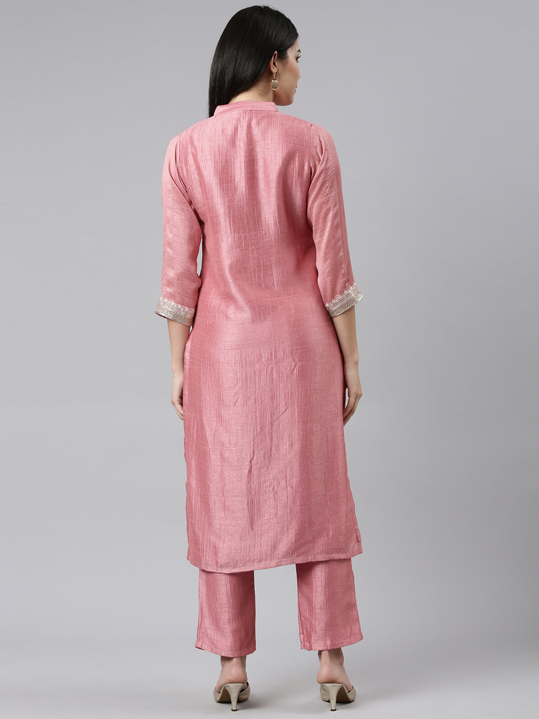 Neerus Pink solid straight kurta set with trousers - side view