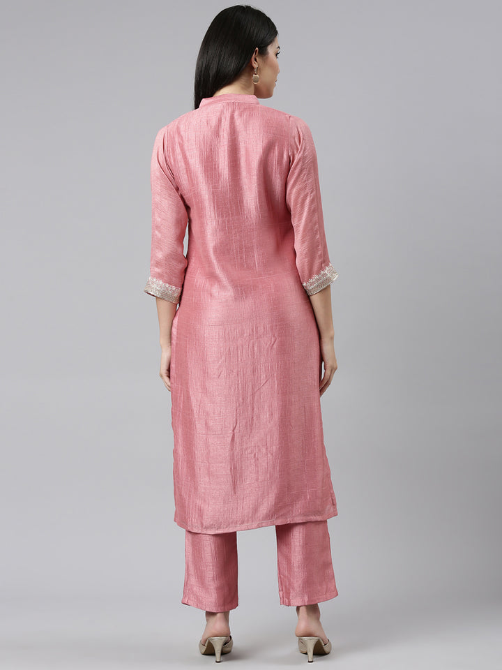 Neerus Pink solid straight kurta set with trousers - side view