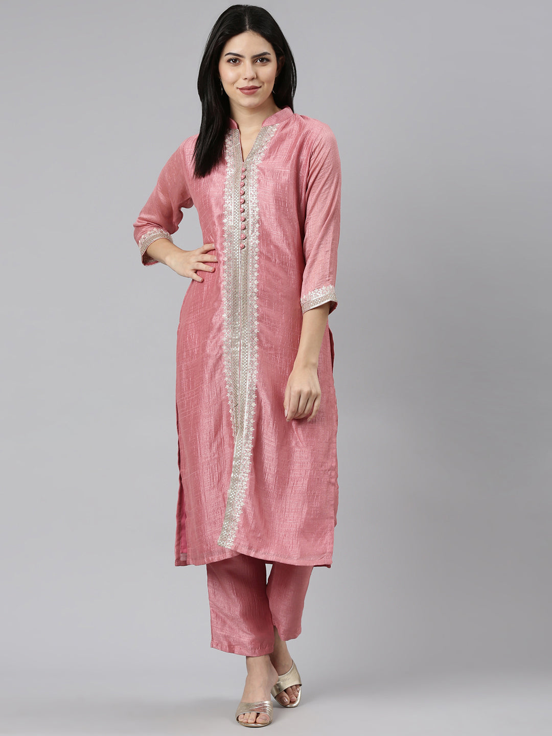 Neerus Pink solid straight kurta set with trousers - detail view 2