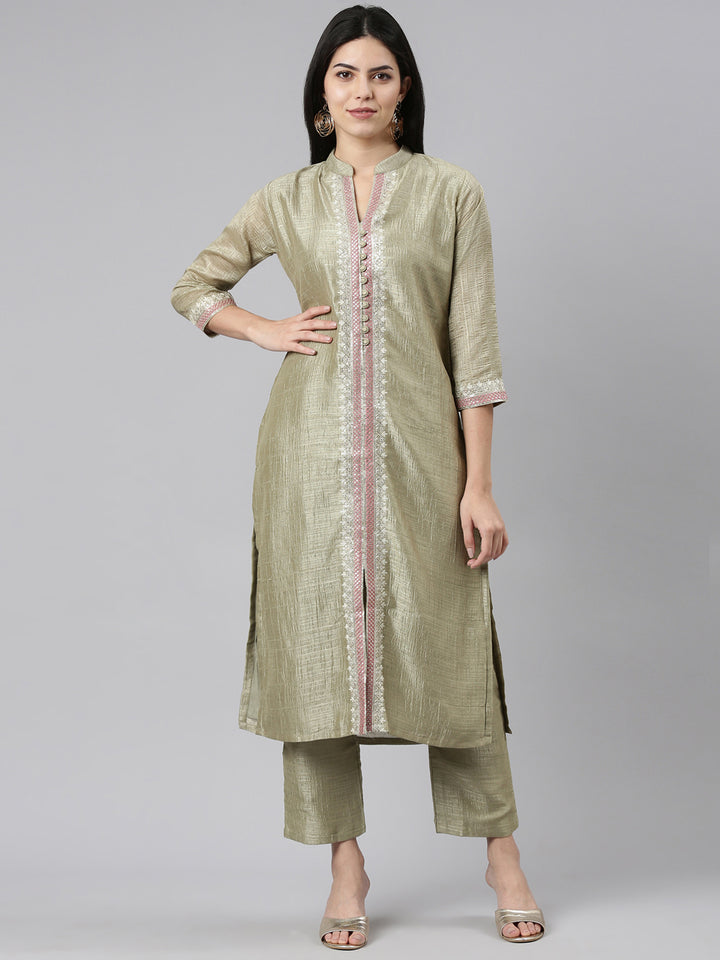 Neerus Green Regular Straight Solid Kurta And Trousers
