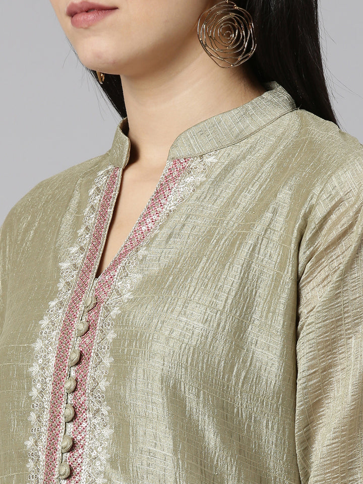 Neerus Green Regular Straight Solid Kurta And Trousers