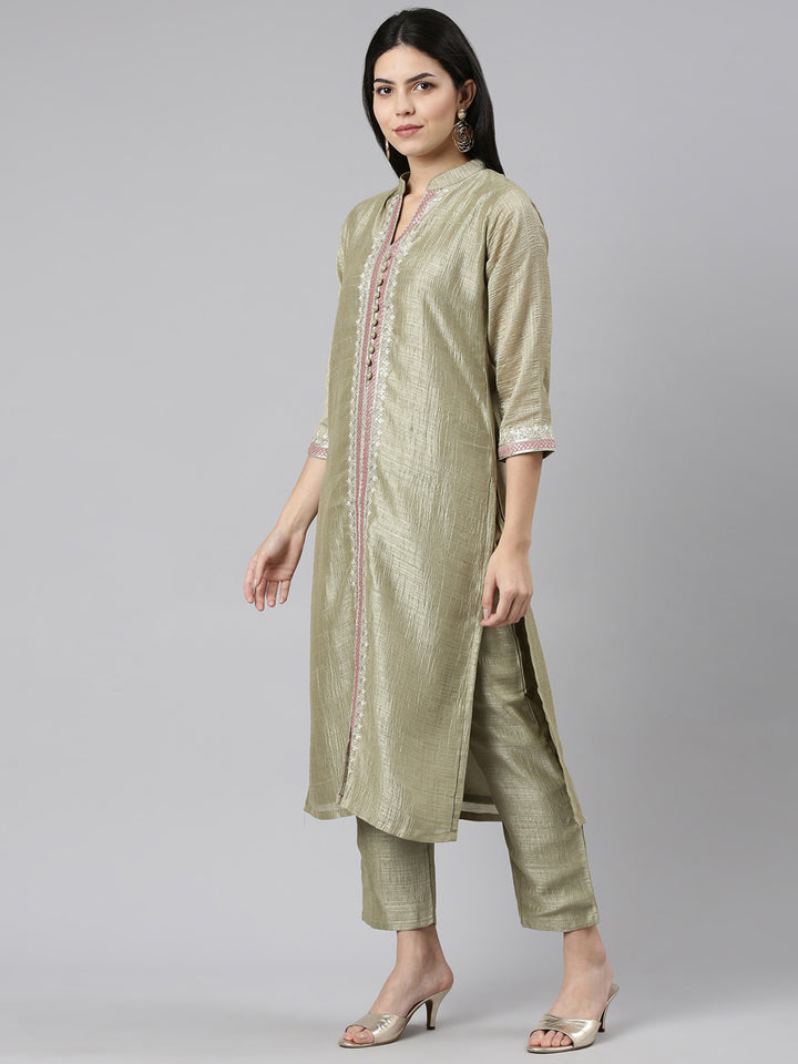 Neerus Green Regular Straight Solid Kurta And Trousers
