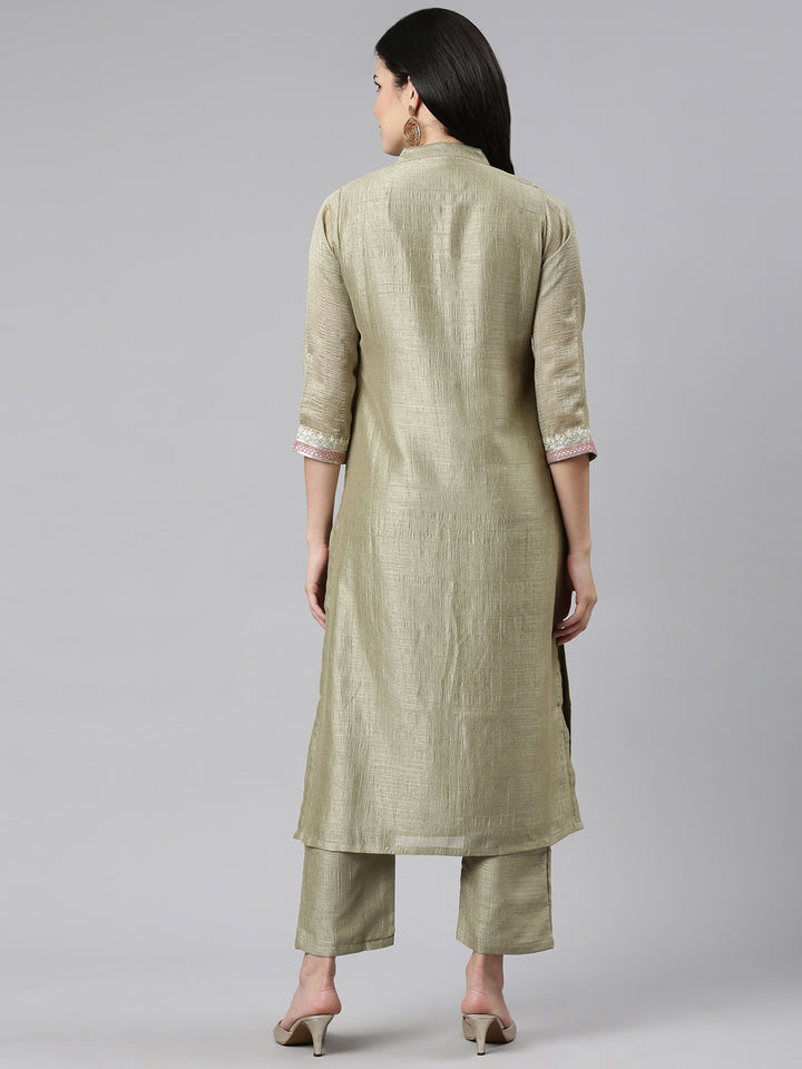 Neerus Green Regular Straight Solid Kurta And Trousers