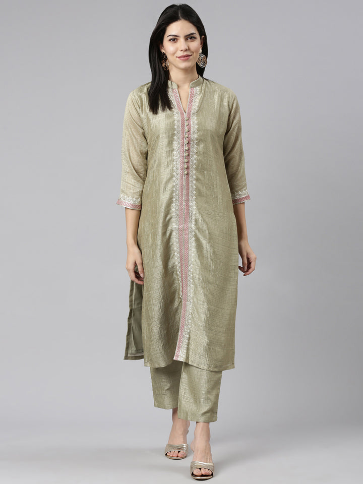 Neerus Green Regular Straight Solid Kurta And Trousers