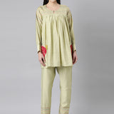 Neerus Green Pleated Straight Floral Top And Trousers