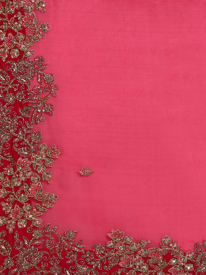 Rani pink pure organza saree with heavy blouse with pearl and cut dana embroidery
