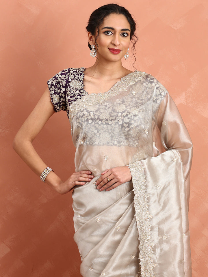 Silver tissue saree with Zari embroidery and contrast blouse