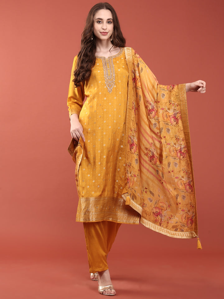 Mustard Silk With Sequence and Hand Embroidered Three Piece Set