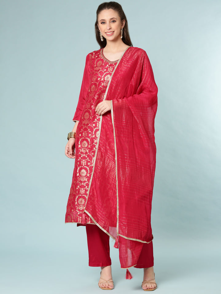 Rani Pink Silk Digital Print Three Piece Set