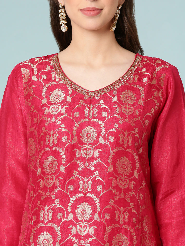 Rani Pink Silk Digital Print Three Piece Set