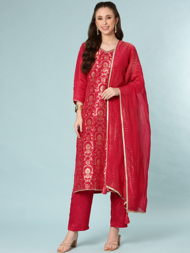 Rani Pink Silk Digital Print Three Piece Set