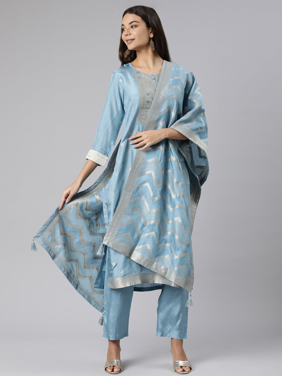 Neerus Blue printed floral suit set straight kurta with trouser and dupatta - front view