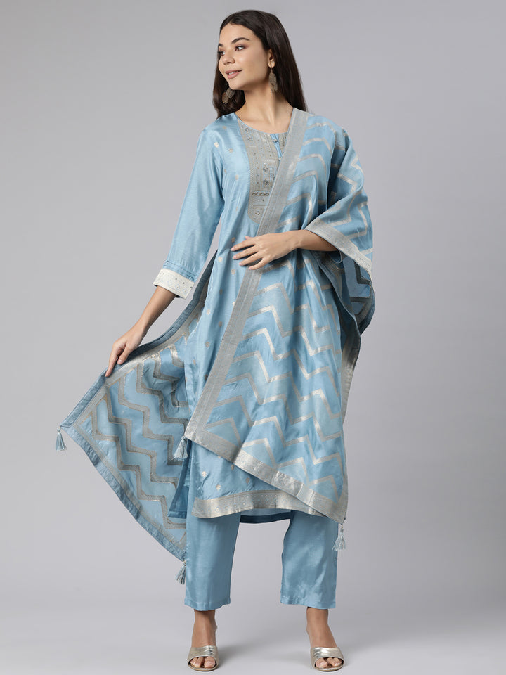Neerus Blue printed floral suit set straight kurta with trouser and dupatta - front view