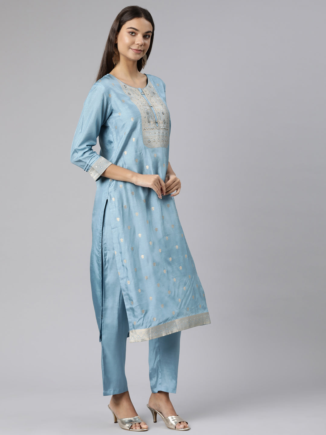 Neerus Blue printed floral suit set straight kurta with trouser and dupatta - back view