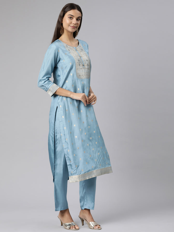 Neerus Blue printed floral suit set straight kurta with trouser and dupatta - back view