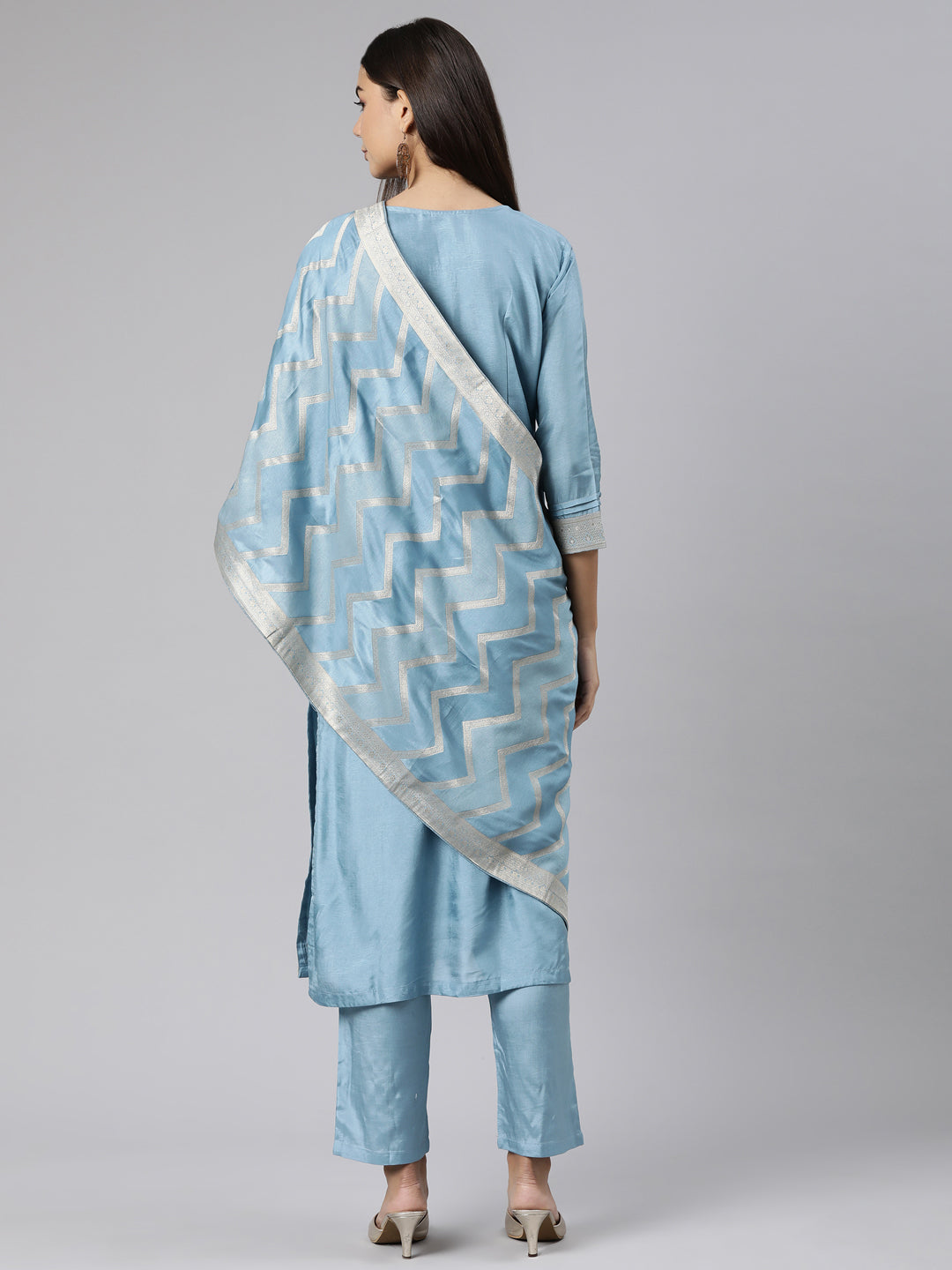 Neerus Blue printed floral suit set straight kurta with trouser and dupatta - side view