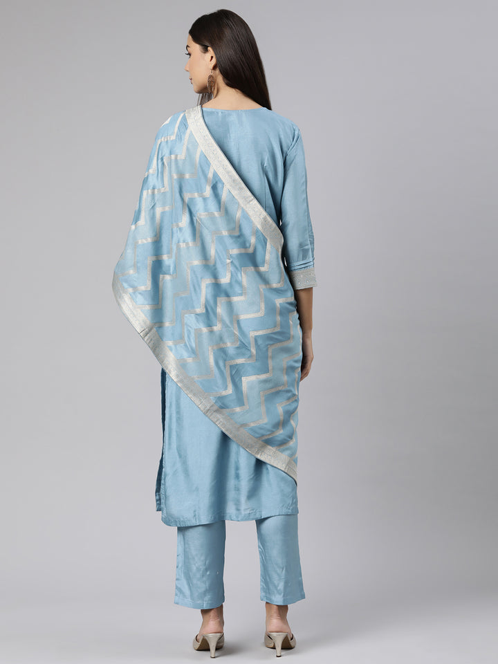 Neerus Blue printed floral suit set straight kurta with trouser and dupatta - side view