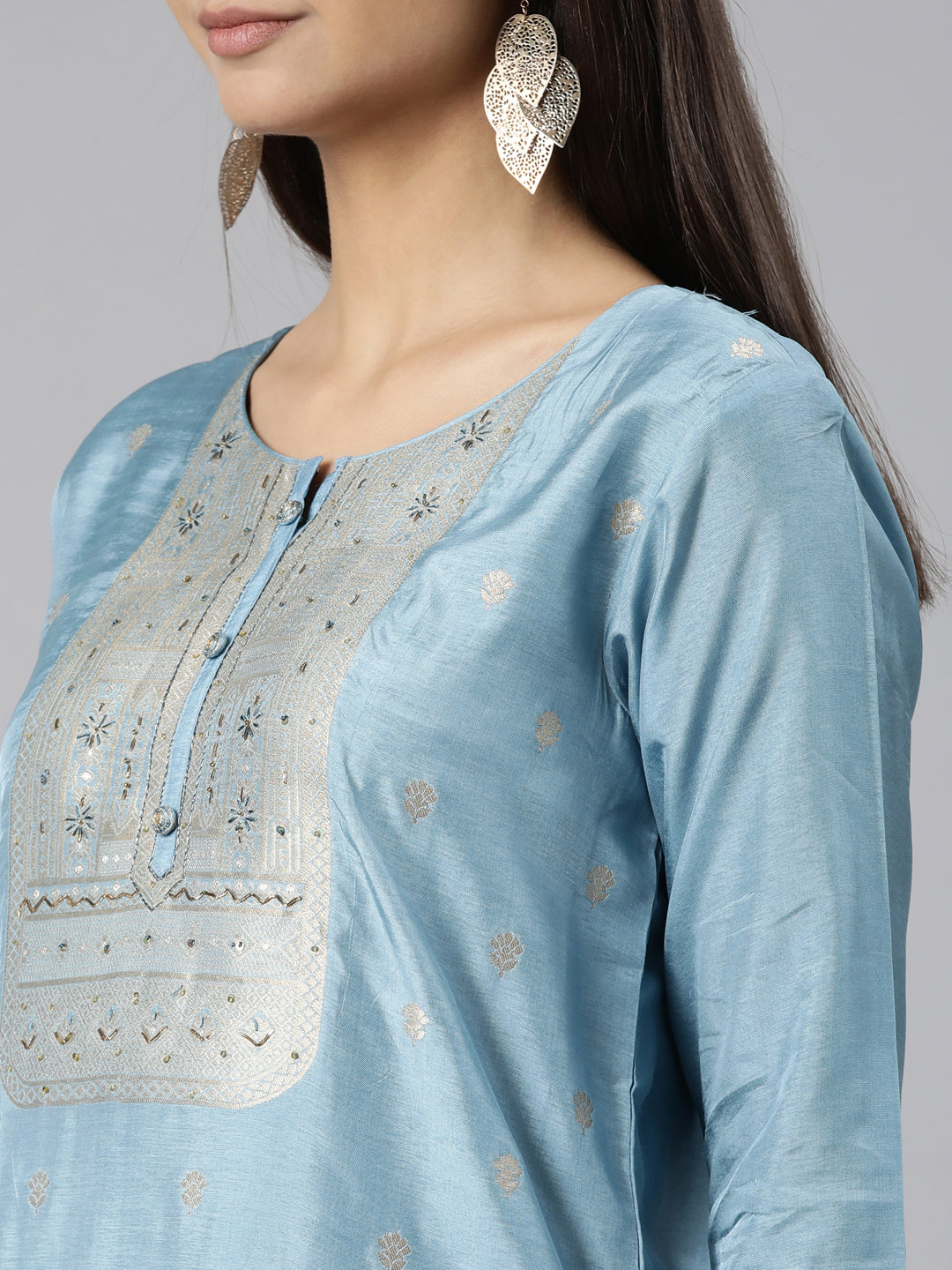 Neerus Blue printed floral suit set straight kurta with trouser and dupatta - detail view 1