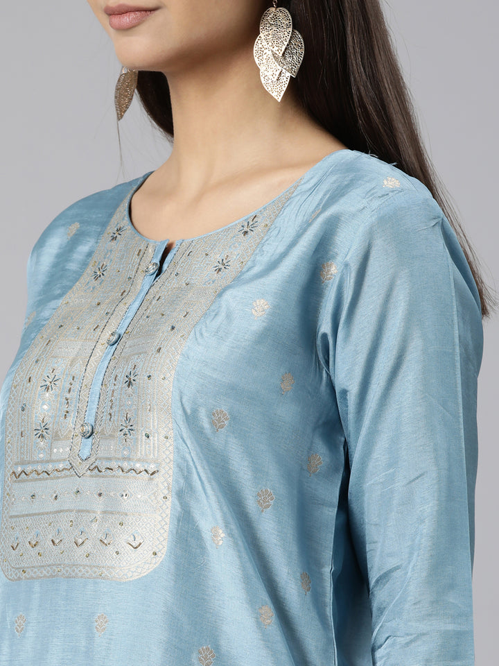 Neerus Blue printed floral suit set straight kurta with trouser and dupatta - detail view 1