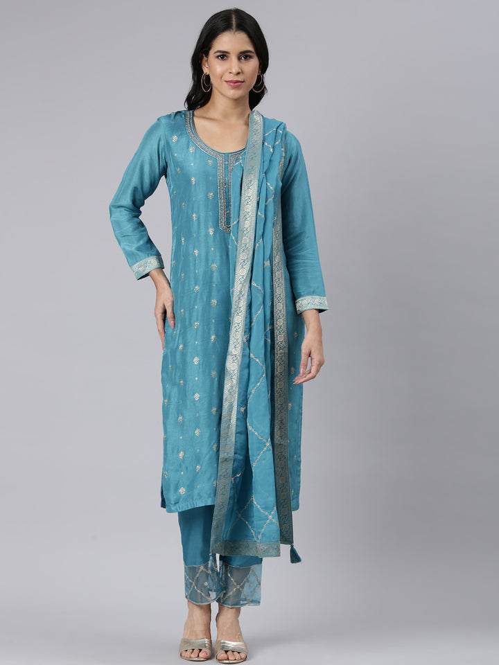 Neerus Blue Regular Straight Solid Kurta and Trousers With Dupatta