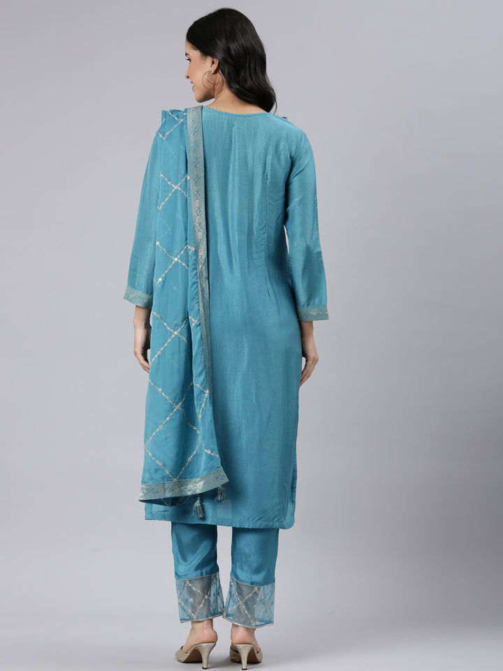 Neerus Blue Regular Straight Solid Kurta and Trousers With Dupatta