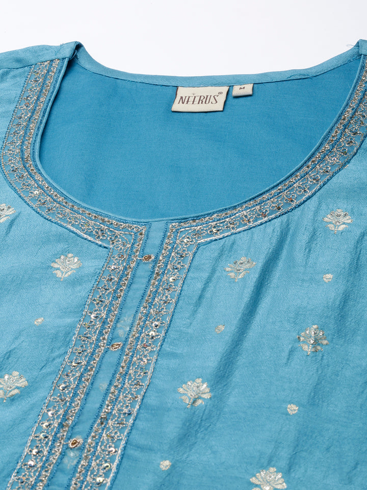 Neerus Blue Regular Straight Solid Kurta and Trousers With Dupatta