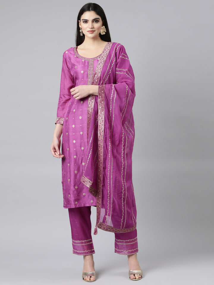 Neerus Purple Banarasi woven suit set - front view