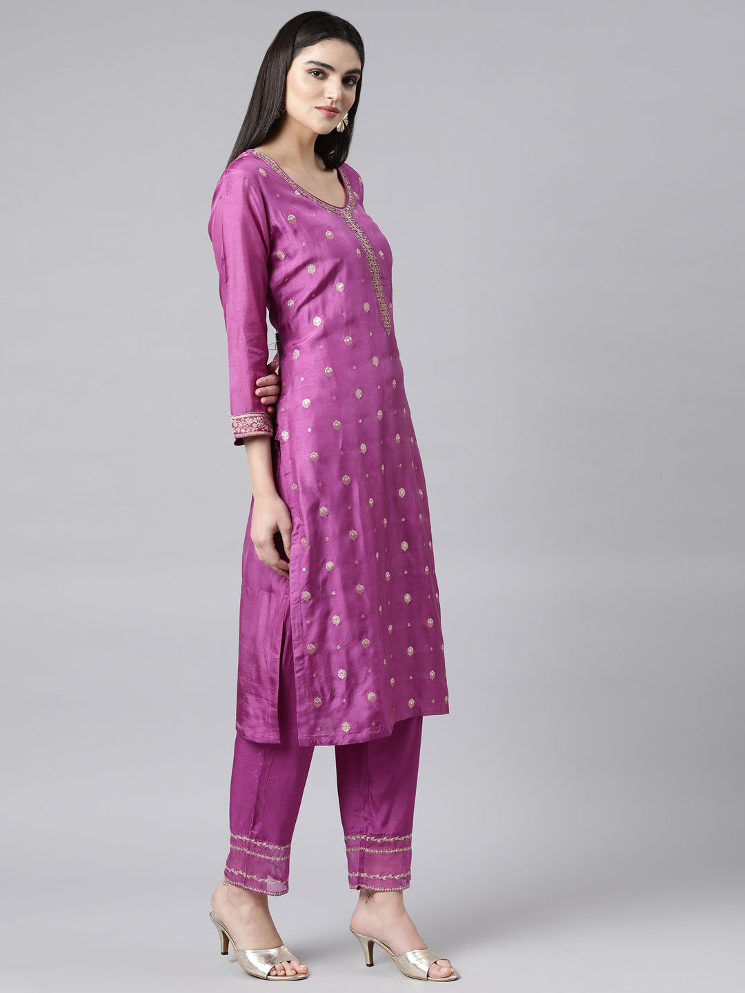 Neerus Purple Banarasi woven suit set - back view