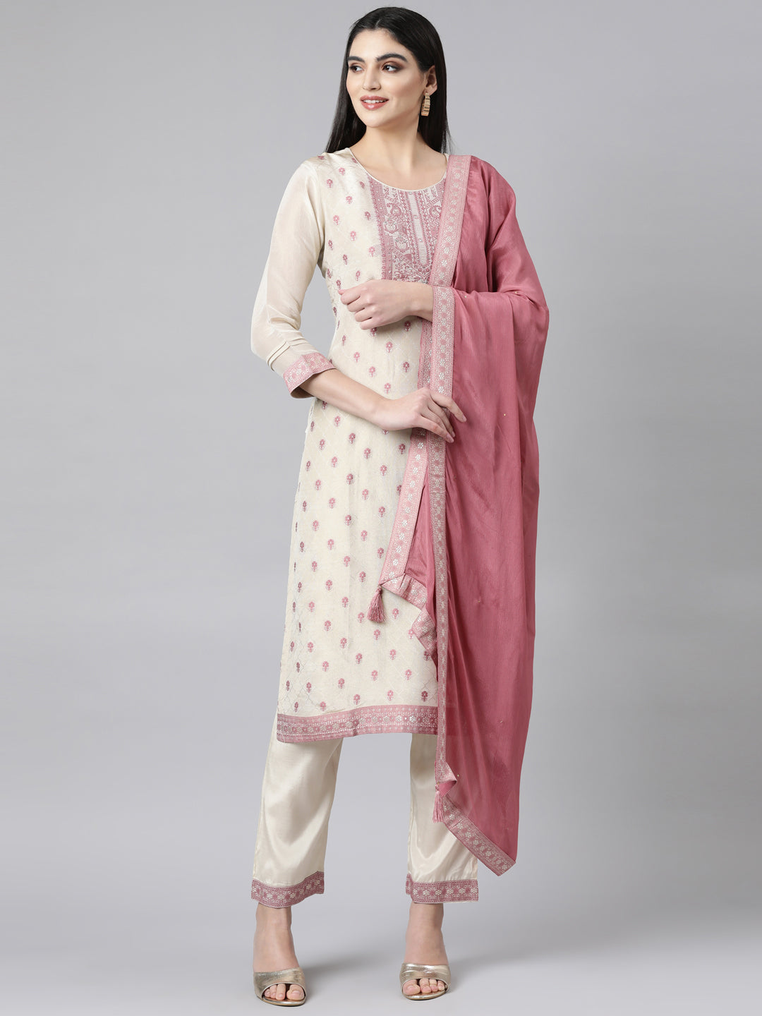 Neerus White printed floral straight suit set - front view