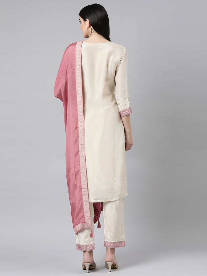 Neerus White printed floral straight suit set - side view