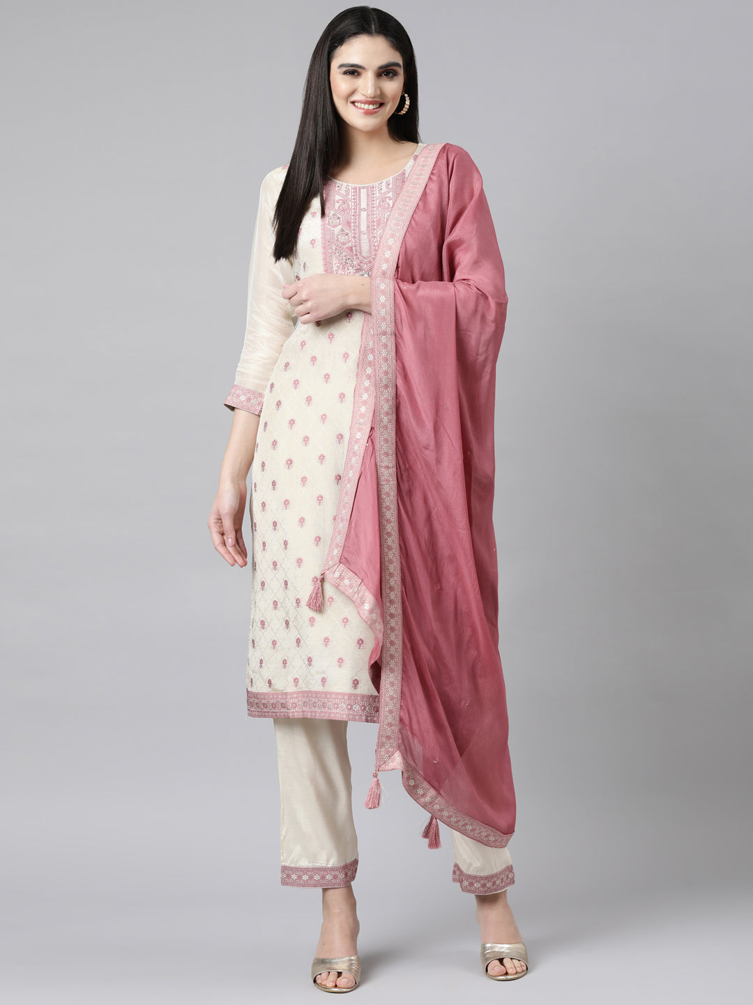 Neerus White printed floral straight suit set - detail view 2